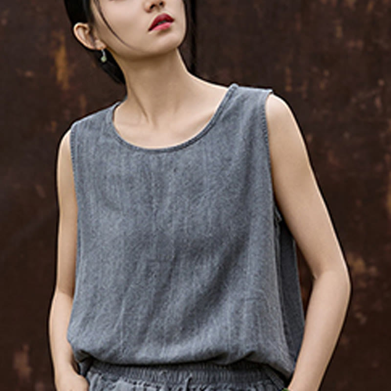 Buddha Stones Summer Tie-dye Linen Crew Neck Sleeveless Women's Vest