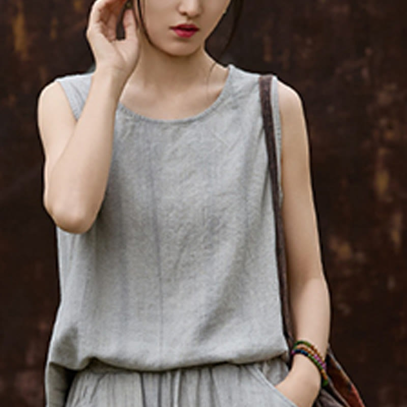 Buddha Stones Summer Tie-dye Linen Crew Neck Sleeveless Women's Vest