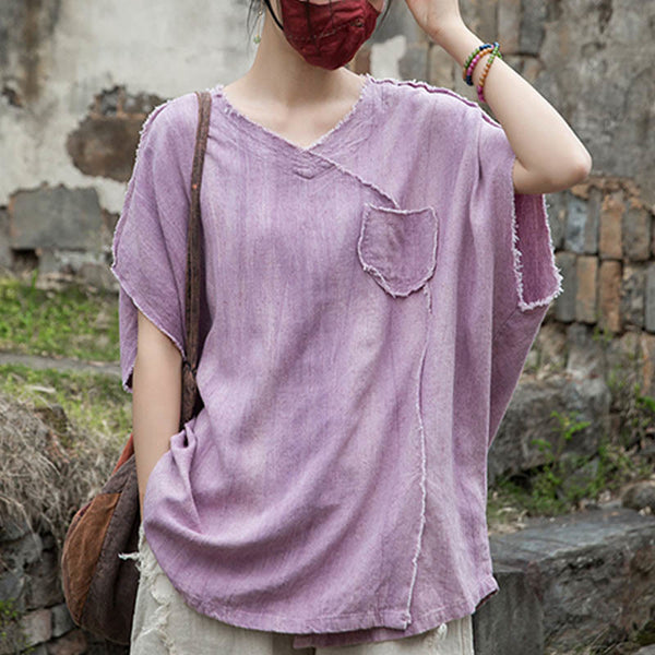 Buddha Stones Summer Tie-dye Linen V-Neck Short Sleeve Women's T-shirts