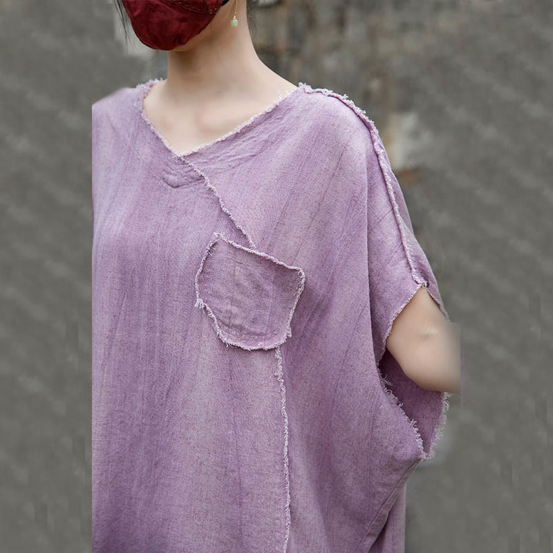 Buddha Stones Summer Tie-dye Linen V-Neck Short Sleeve Women's T-shirts