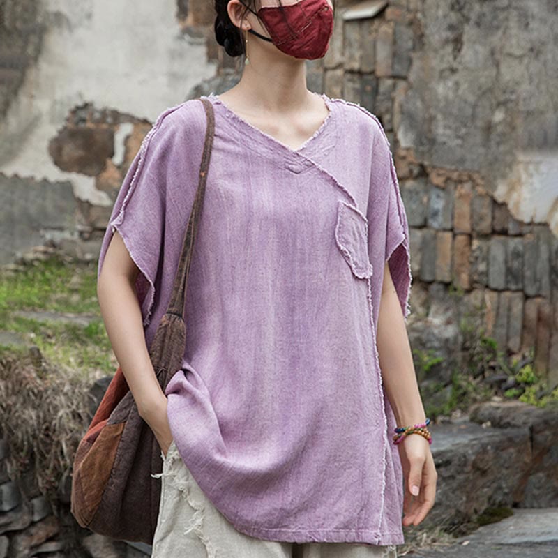 Buddha Stones Summer Tie-dye Linen V-Neck Short Sleeve Women's T-shirts