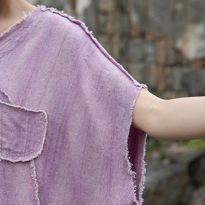 Buddha Stones Summer Tie-dye Linen V-Neck Short Sleeve Women's T-shirts