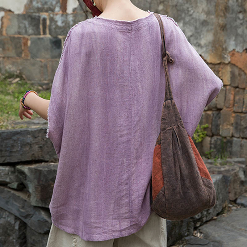 Buddha Stones Summer Tie-dye Linen V-Neck Short Sleeve Women's T-shirts