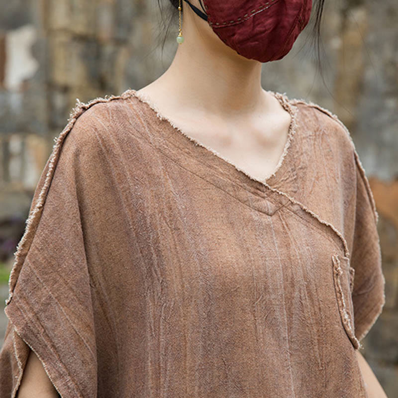 Buddha Stones Summer Tie-dye Linen V-Neck Short Sleeve Women's T-shirts