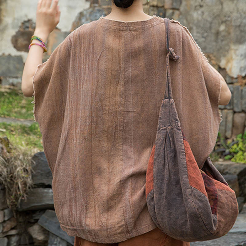 Buddha Stones Summer Tie-dye Linen V-Neck Short Sleeve Women's T-shirts