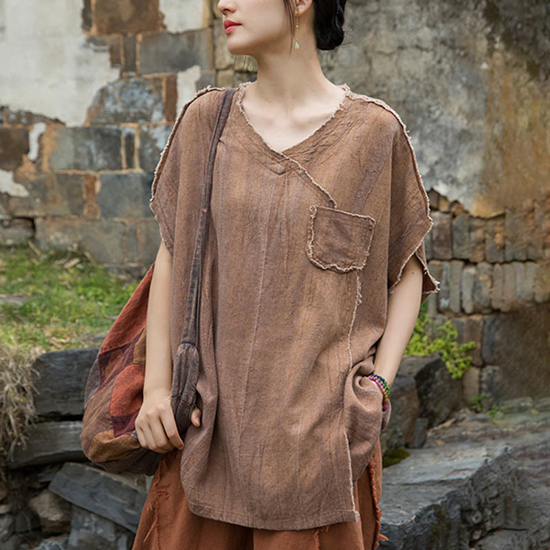 Buddha Stones Summer Tie-dye Linen V-Neck Short Sleeve Women's T-shirts