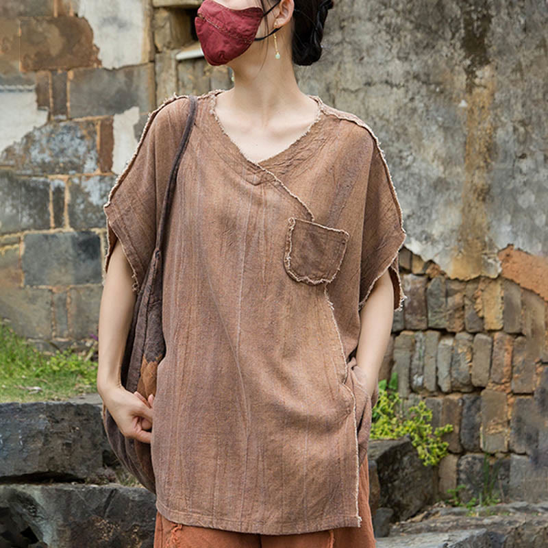 Buddha Stones Summer Tie-dye Linen V-Neck Short Sleeve Women's T-shirts