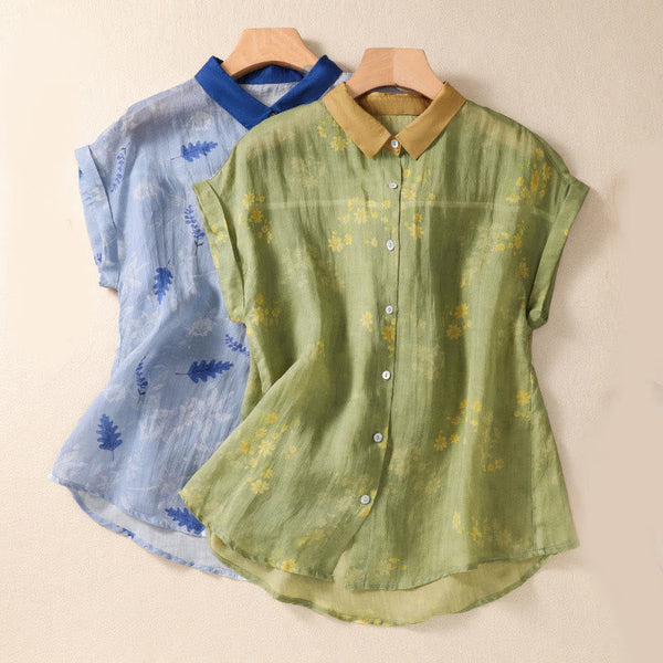 Buddha Stones Small Yellow Flower Leaves Buttons Short Sleeve Women's Shirt