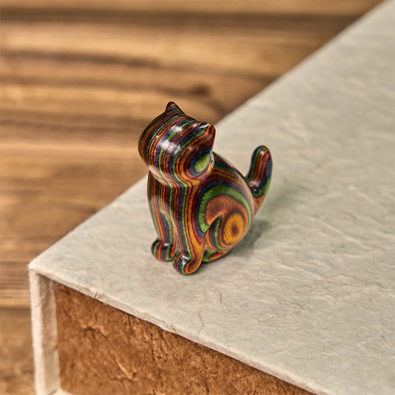 Buddha Stones 2Pcs Mini Rainbow Eucalyptus Sitting Cat Carved Reduce Stress Decoration