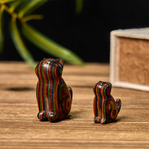 Buddha Stones 2Pcs Mini Rainbow Eucalyptus Sitting Cat Carved Reduce Stress Decoration