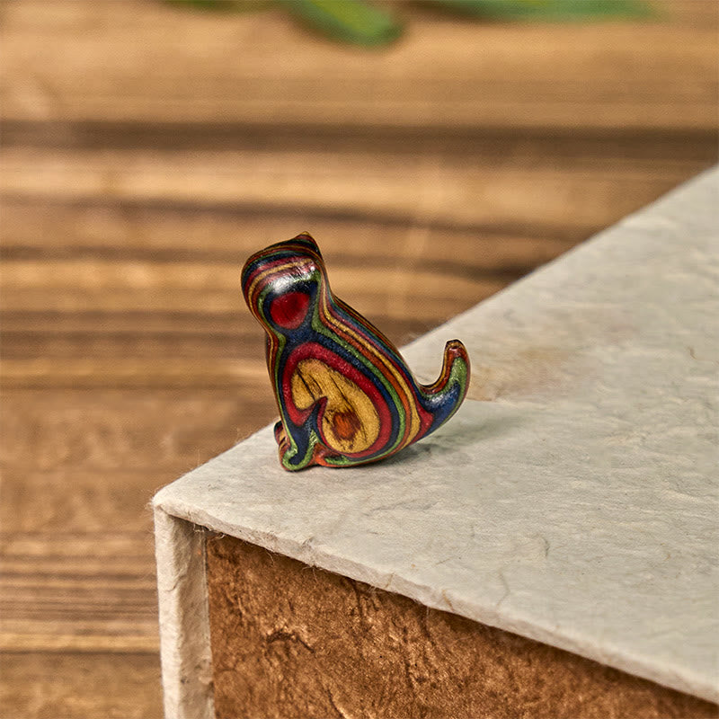 Buddha Stones 2Pcs Mini Rainbow Eucalyptus Sitting Cat Carved Reduce Stress Decoration