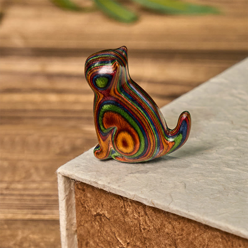 Buddha Stones 2Pcs Mini Rainbow Eucalyptus Sitting Cat Carved Reduce Stress Decoration
