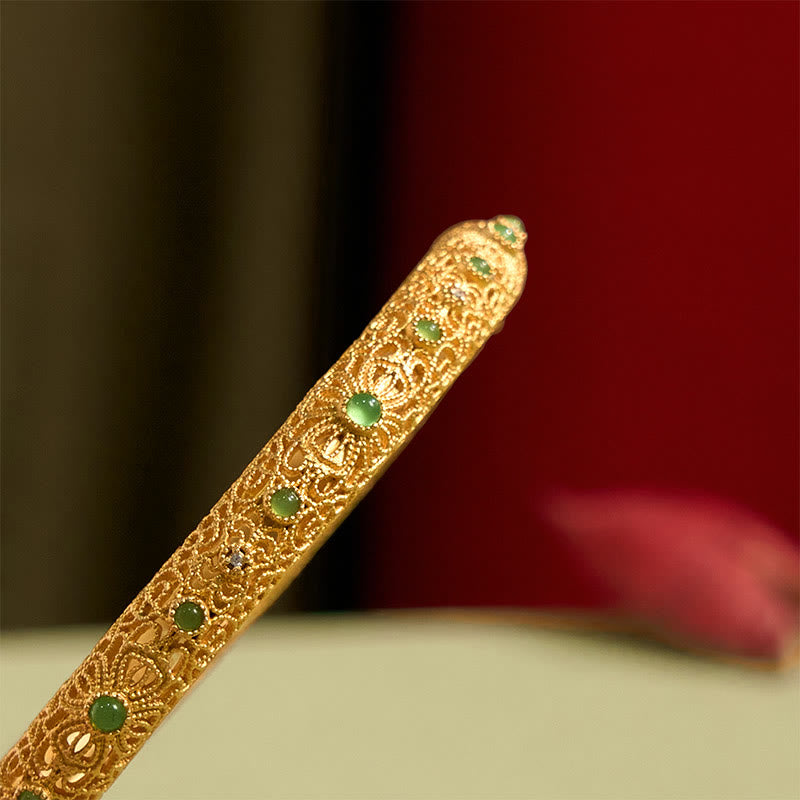 Buddha Stones Hollow Filigree Design Copper Plated Gold Wealth Bracelet Bangle