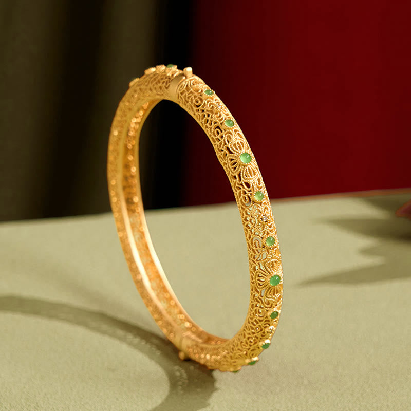 Buddha Stones Hollow Filigree Design Copper Plated Gold Wealth Bracelet Bangle