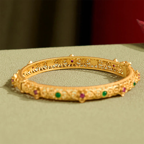 Buddha Stones Hollow Design Copper Plated Gold Flower Luck Bracelet Bangle