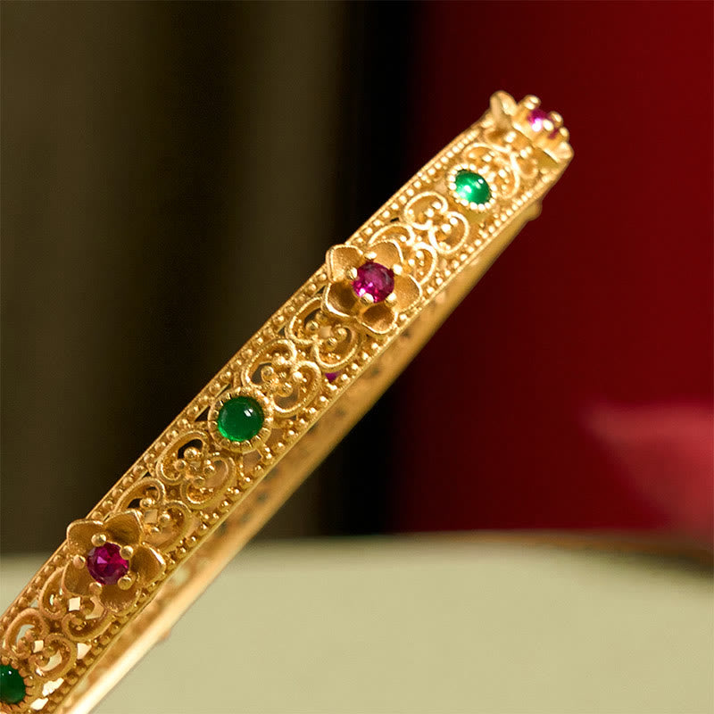 Buddha Stones Hollow Design Copper Plated Gold Flower Luck Bracelet Bangle