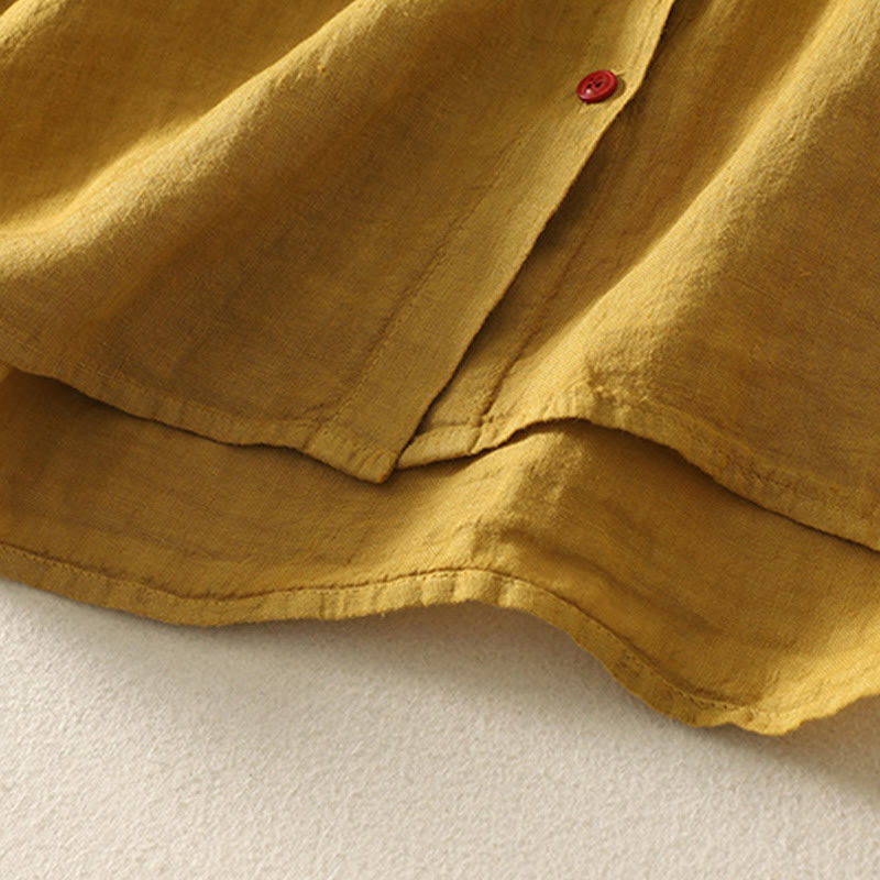 Buddha Stones Summer Plain Red Buttons Short Sleeve Women's Cotton Linen Shirt