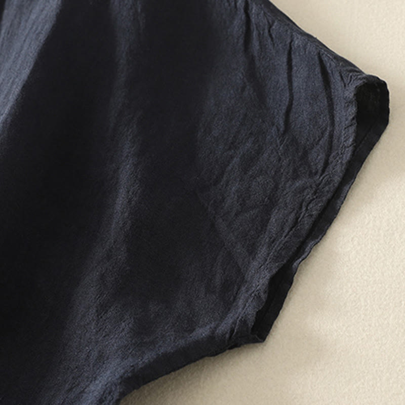 Buddha Stones Summer Plain Red Buttons Short Sleeve Women's Cotton Linen Shirt