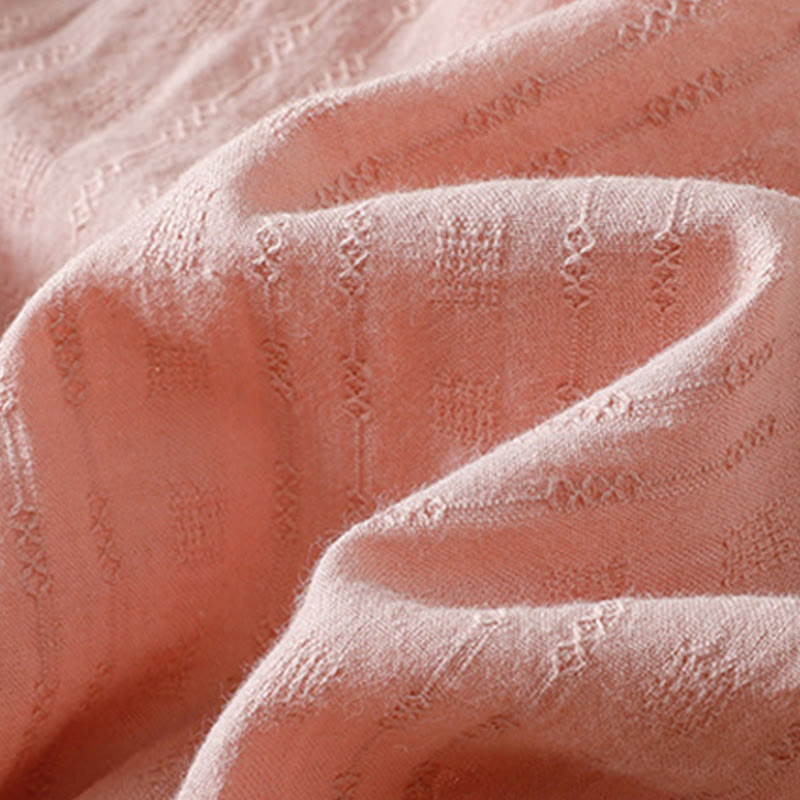 Buddha Stones Jacquard Pleated Ruffled Trim Design V-Neck Short Sleeve Women's Shirt