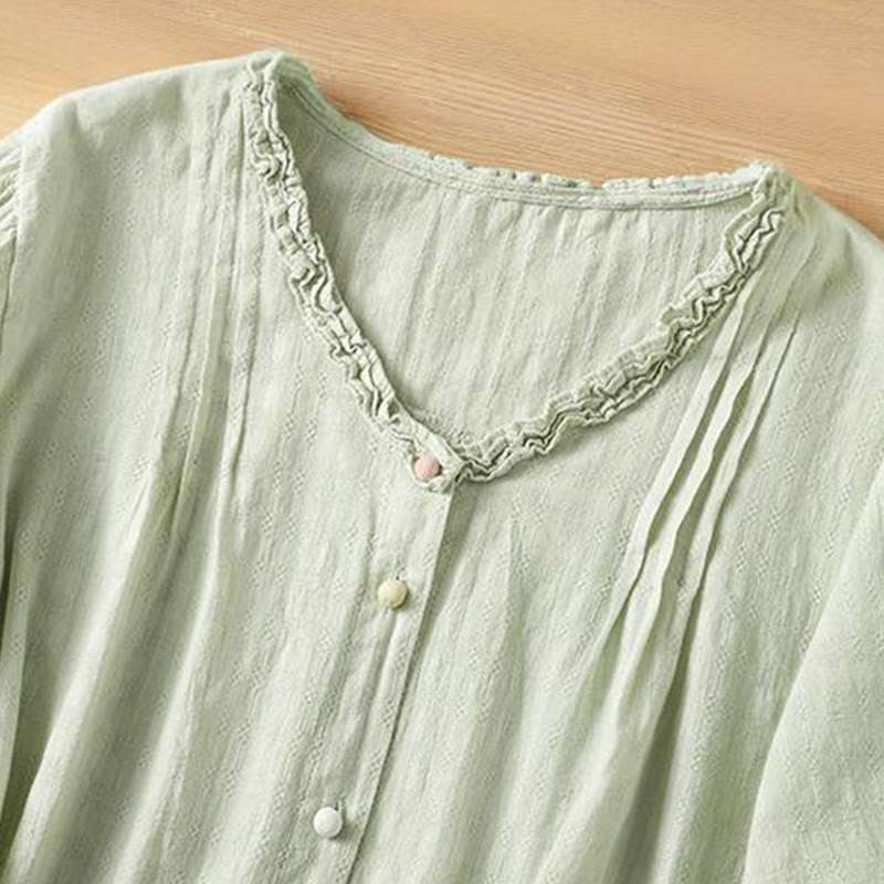 Buddha Stones Jacquard Pleated Ruffled Trim Design V-Neck Short Sleeve Women's Shirt