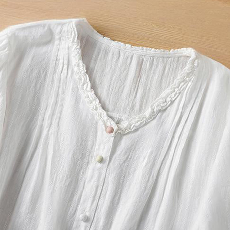 Buddha Stones Jacquard Pleated Ruffled Trim Design V-Neck Short Sleeve Women's Shirt