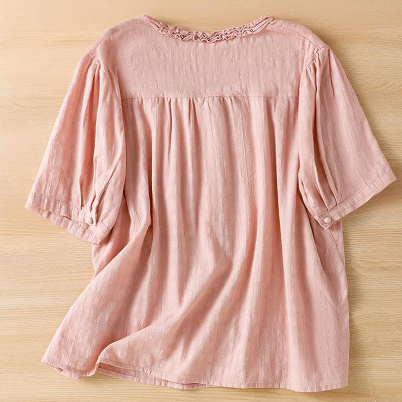 Buddha Stones Jacquard Pleated Ruffled Trim Design V-Neck Short Sleeve Women's Shirt