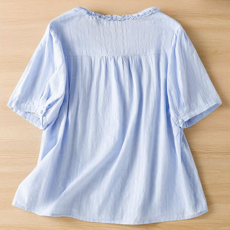 Buddha Stones Jacquard Pleated Ruffled Trim Design V-Neck Short Sleeve Women's Shirt