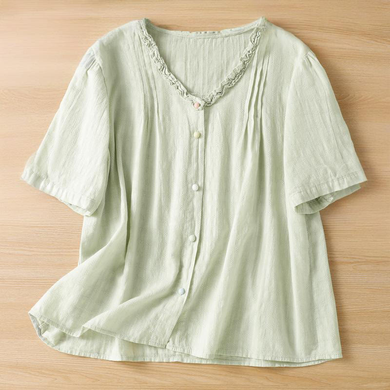 Buddha Stones Jacquard Pleated Ruffled Trim Design V-Neck Short Sleeve Women's Shirt