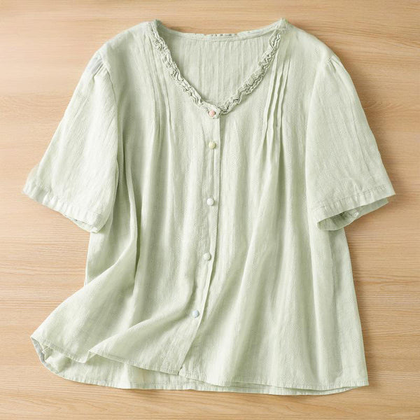 Buddha Stones Jacquard Pleated Ruffled Trim Design V-Neck Short Sleeve Women's Shirt