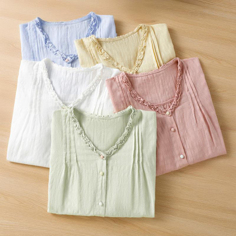 Buddha Stones Jacquard Pleated Ruffled Trim Design V-Neck Short Sleeve Women's Shirt