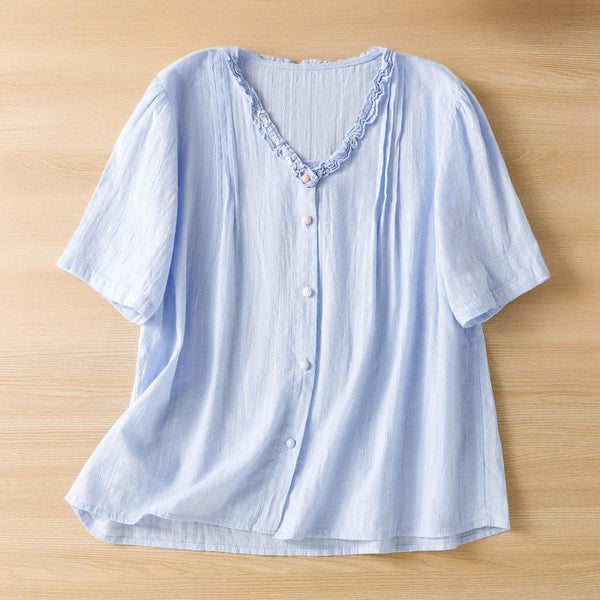 Buddha Stones Jacquard Pleated Ruffled Trim Design V-Neck Short Sleeve Women's Shirt