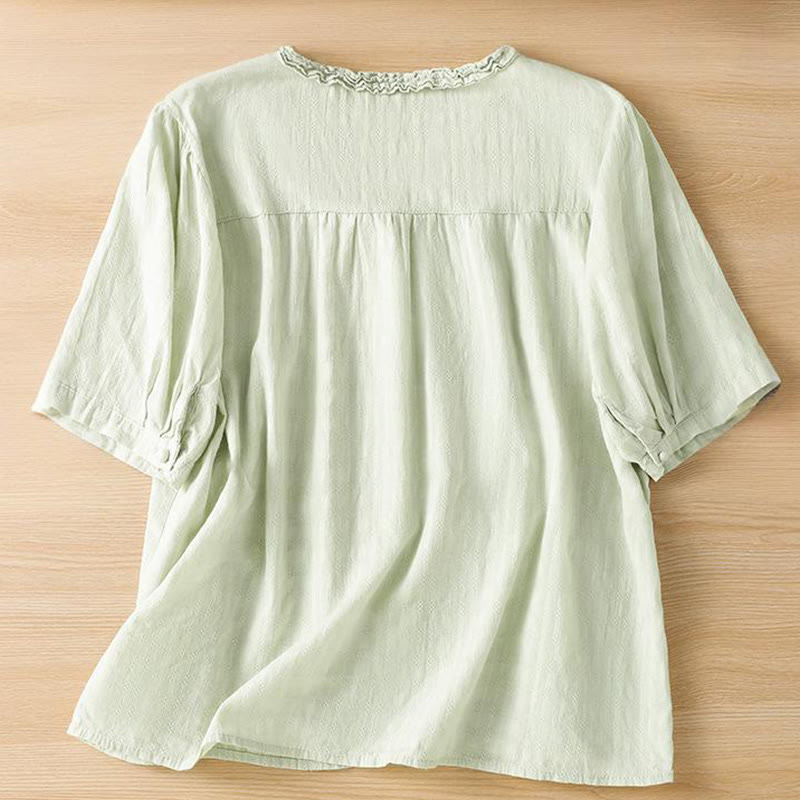 Buddha Stones Jacquard Pleated Ruffled Trim Design V-Neck Short Sleeve Women's Shirt