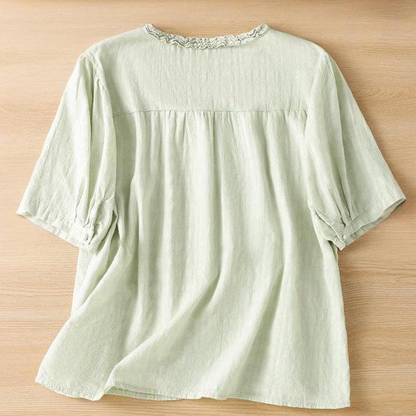 Buddha Stones Jacquard Pleated Ruffled Trim Design V-Neck Short Sleeve Women's Shirt