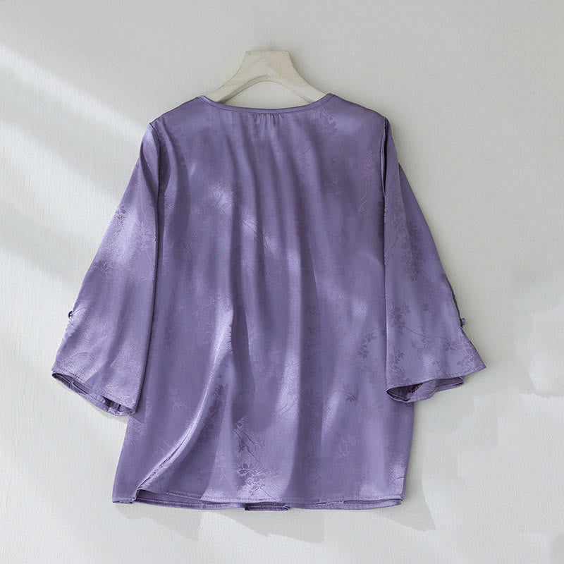 Buddha Stones Summer Solid Color Jacquard Flower Slit Design Three Quarter Sleeve Women's Shirt