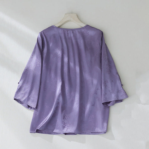 Buddha Stones Summer Solid Color Jacquard Flower Slit Design Three Quarter Sleeve Women's Shirt