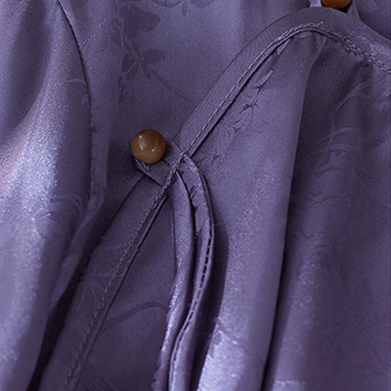 Buddha Stones Summer Solid Color Jacquard Flower Slit Design Three Quarter Sleeve Women's Shirt