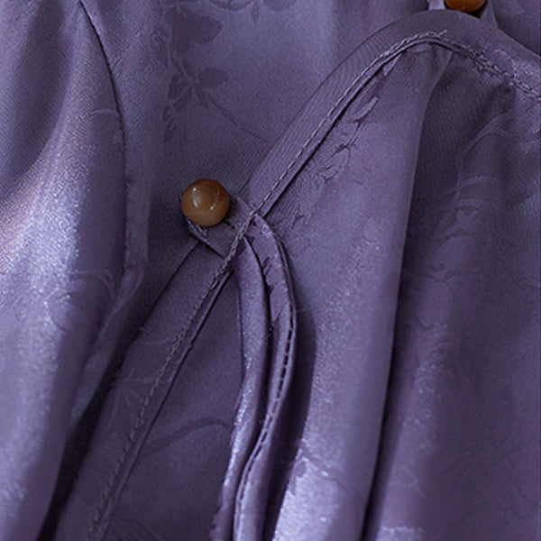 Buddha Stones Summer Solid Color Jacquard Flower Slit Design Three Quarter Sleeve Women's Shirt