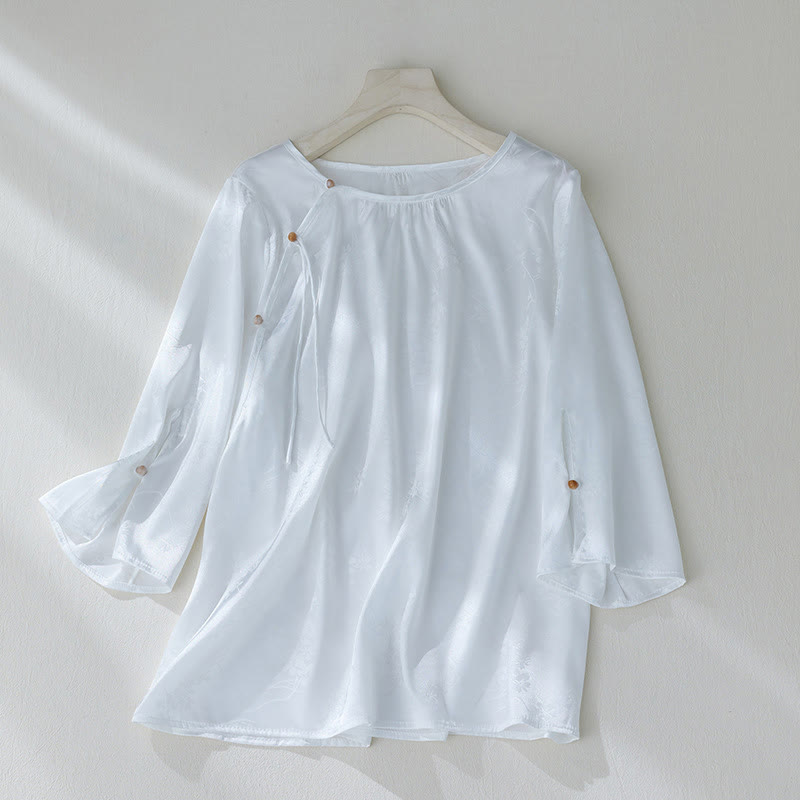 Buddha Stones Summer Solid Color Jacquard Flower Slit Design Three Quarter Sleeve Women's Shirt