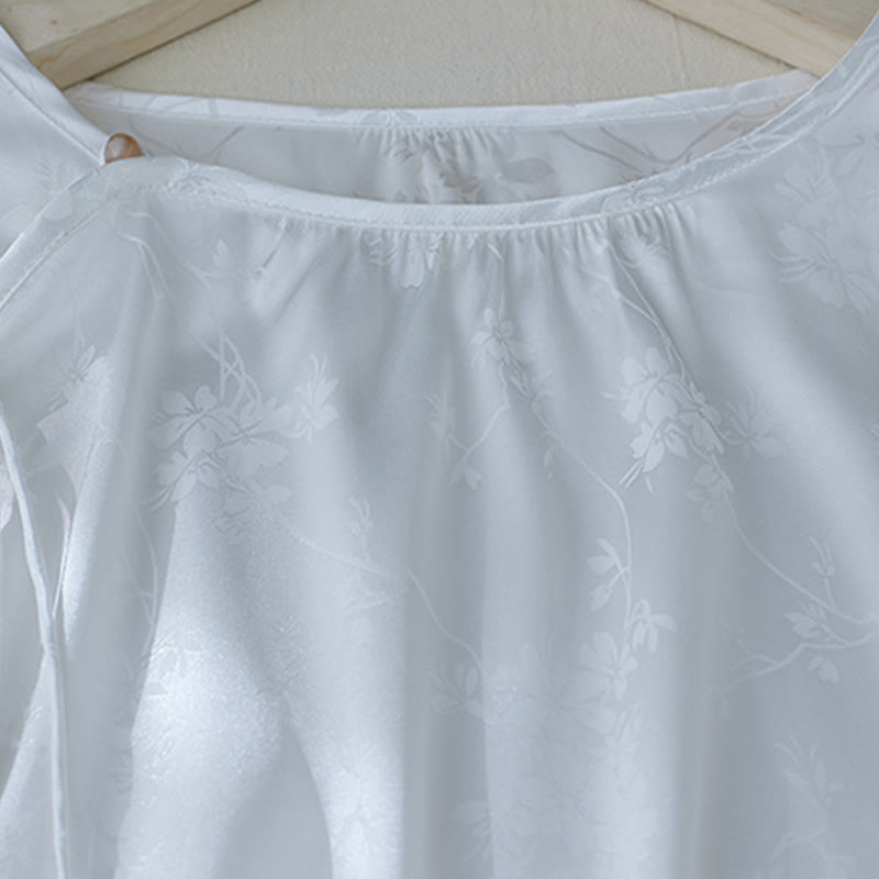 Buddha Stones Summer Solid Color Jacquard Flower Slit Design Three Quarter Sleeve Women's Shirt