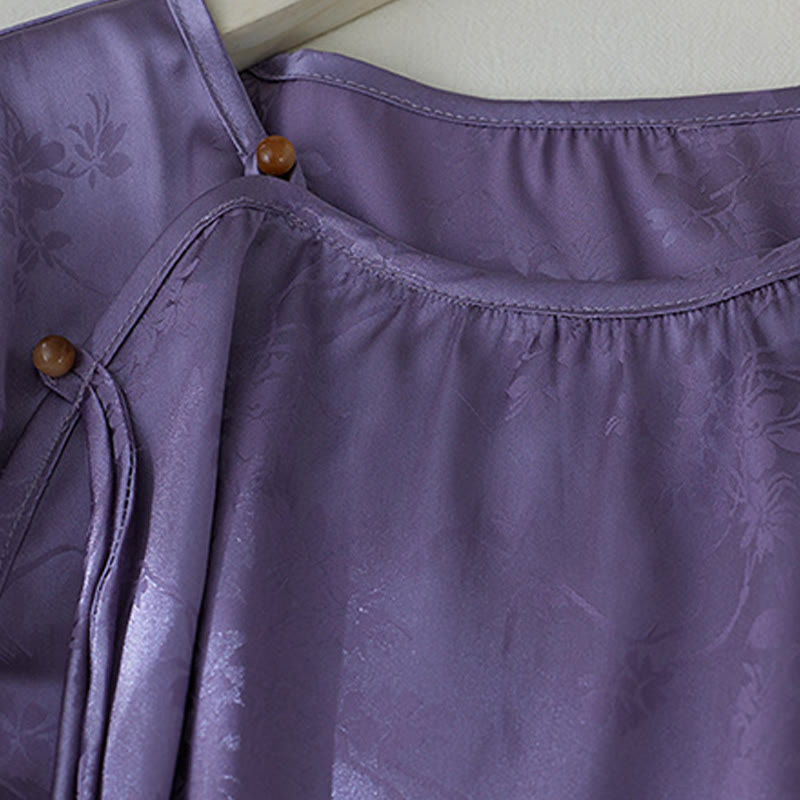 Buddha Stones Summer Solid Color Jacquard Flower Slit Design Three Quarter Sleeve Women's Shirt