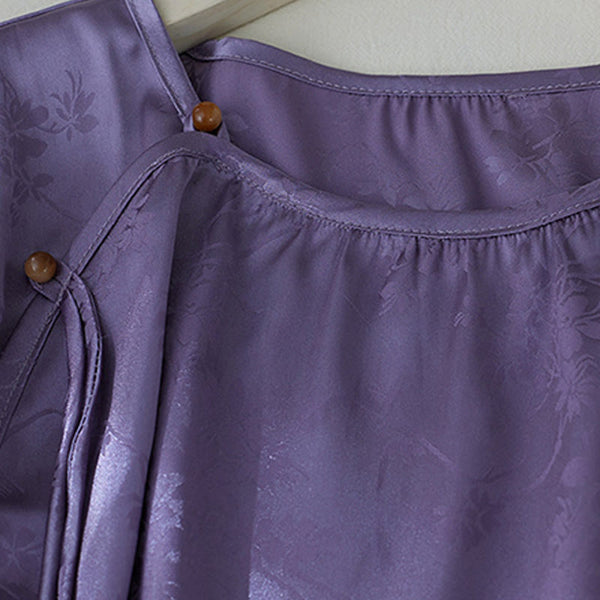 Buddha Stones Summer Solid Color Jacquard Flower Slit Design Three Quarter Sleeve Women's Shirt