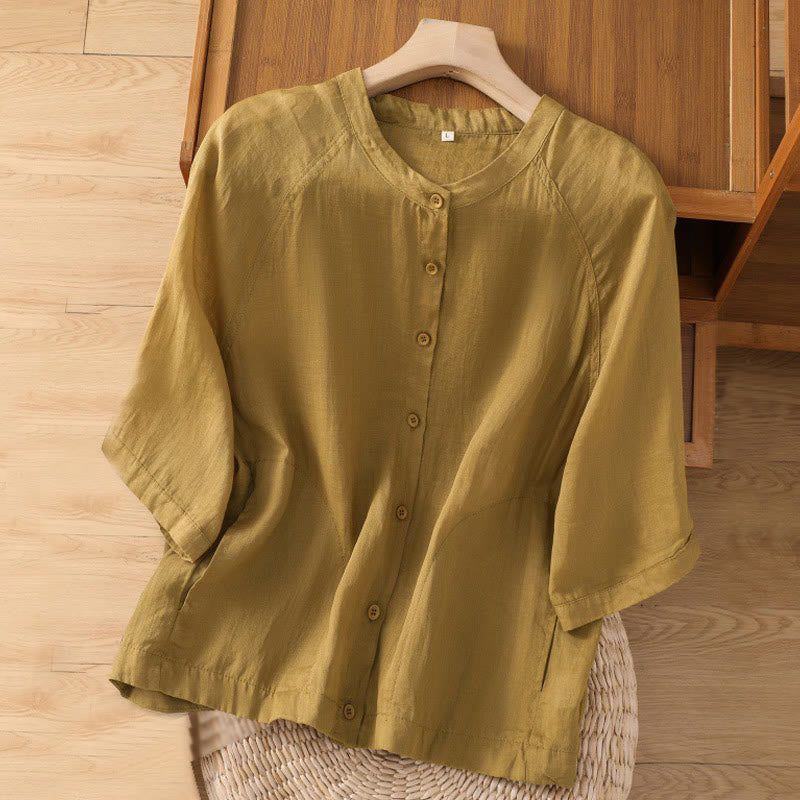 Buddha Stones Vintage Three Quarter Sleeve Cotton Linen Women's Shirt With Pockets