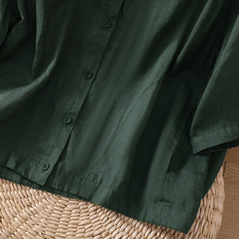 Buddha Stones Vintage Three Quarter Sleeve Cotton Linen Women's Shirt With Pockets