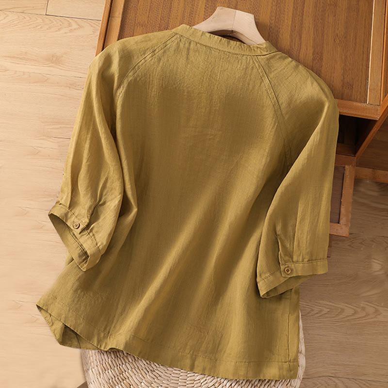 Buddha Stones Vintage Three Quarter Sleeve Cotton Linen Women's Shirt With Pockets