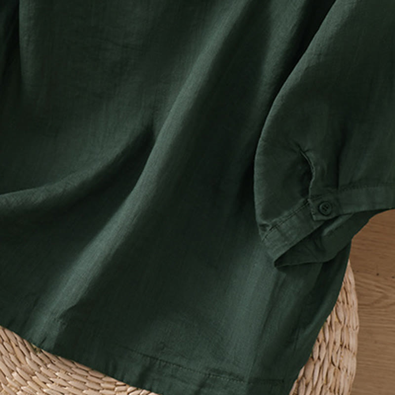 Buddha Stones Vintage Three Quarter Sleeve Cotton Linen Women's Shirt With Pockets