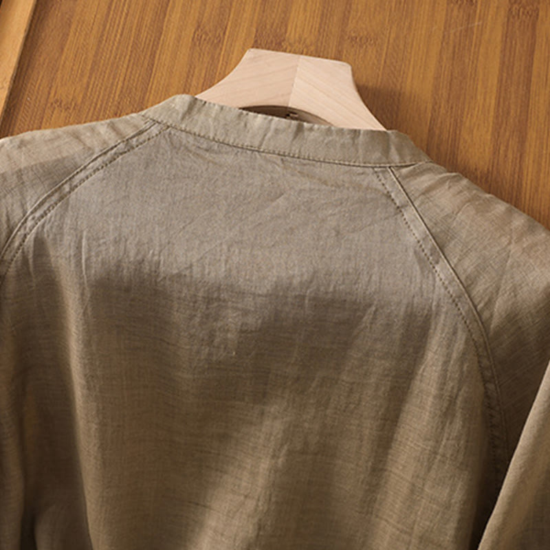 Buddha Stones Vintage Three Quarter Sleeve Cotton Linen Women's Shirt With Pockets