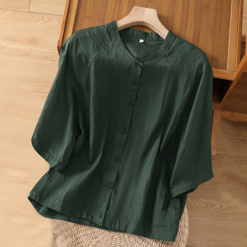 Buddha Stones Vintage Three Quarter Sleeve Cotton Linen Women's Shirt With Pockets