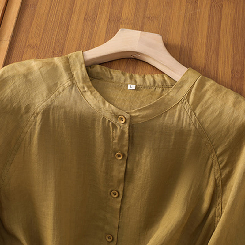 Buddha Stones Vintage Three Quarter Sleeve Cotton Linen Women's Shirt With Pockets