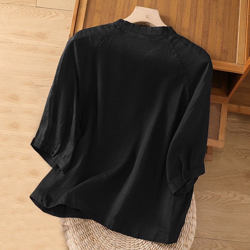 Buddha Stones Vintage Three Quarter Sleeve Cotton Linen Women's Shirt With Pockets