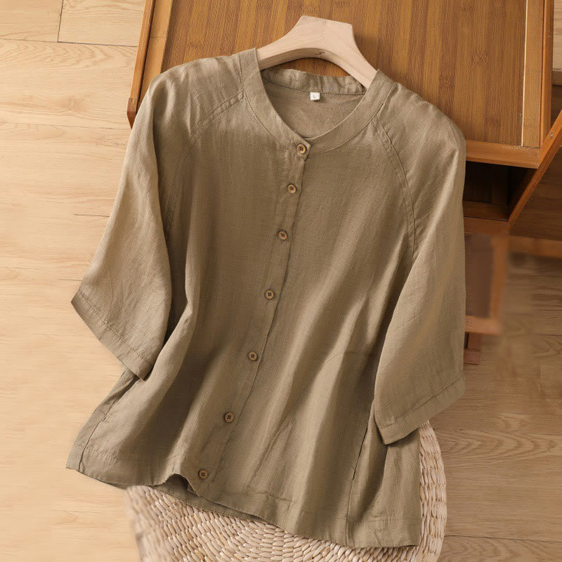 Buddha Stones Vintage Three Quarter Sleeve Cotton Linen Women's Shirt With Pockets